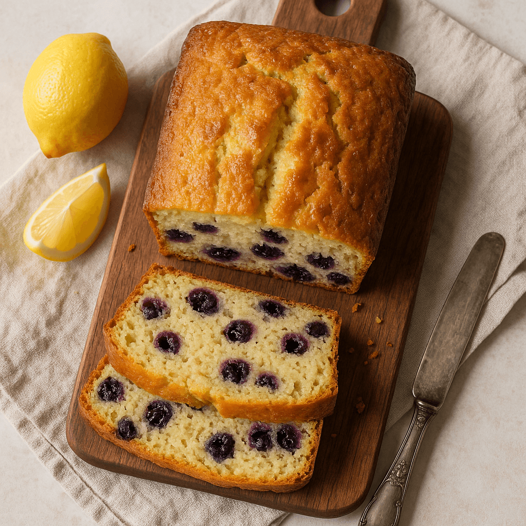 A sliced loaf of lemon-zested quick bread with fresh blueberries, showcasing a light texture on a rustic wooden surface.
