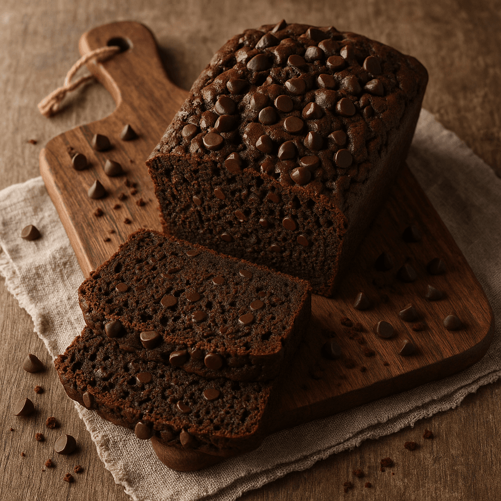 A sliced loaf of dense, dark chocolate bread studded with semisweet chocolate chips on a rustic wooden surface.