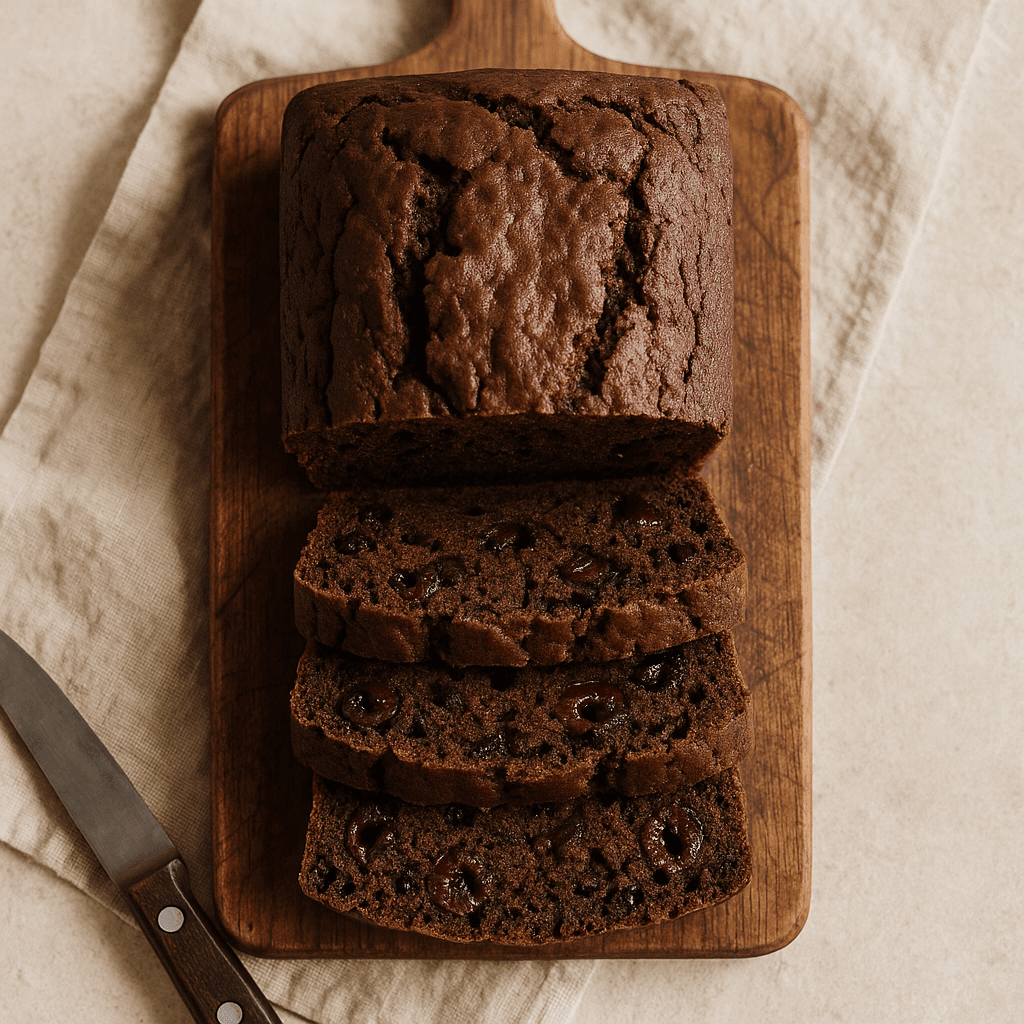 A sliced Chocolate-Cherry loaf with deep brown cocoa and vibrant red cherry pieces on a rustic wooden surface.