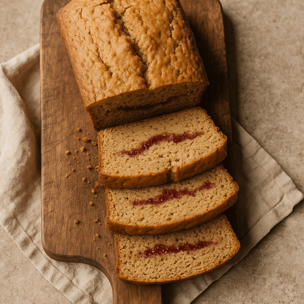 A sliced loaf of peanut butter quick-bread with a vibrant ribbon of strawberry jelly running through the center on a wooden surface.