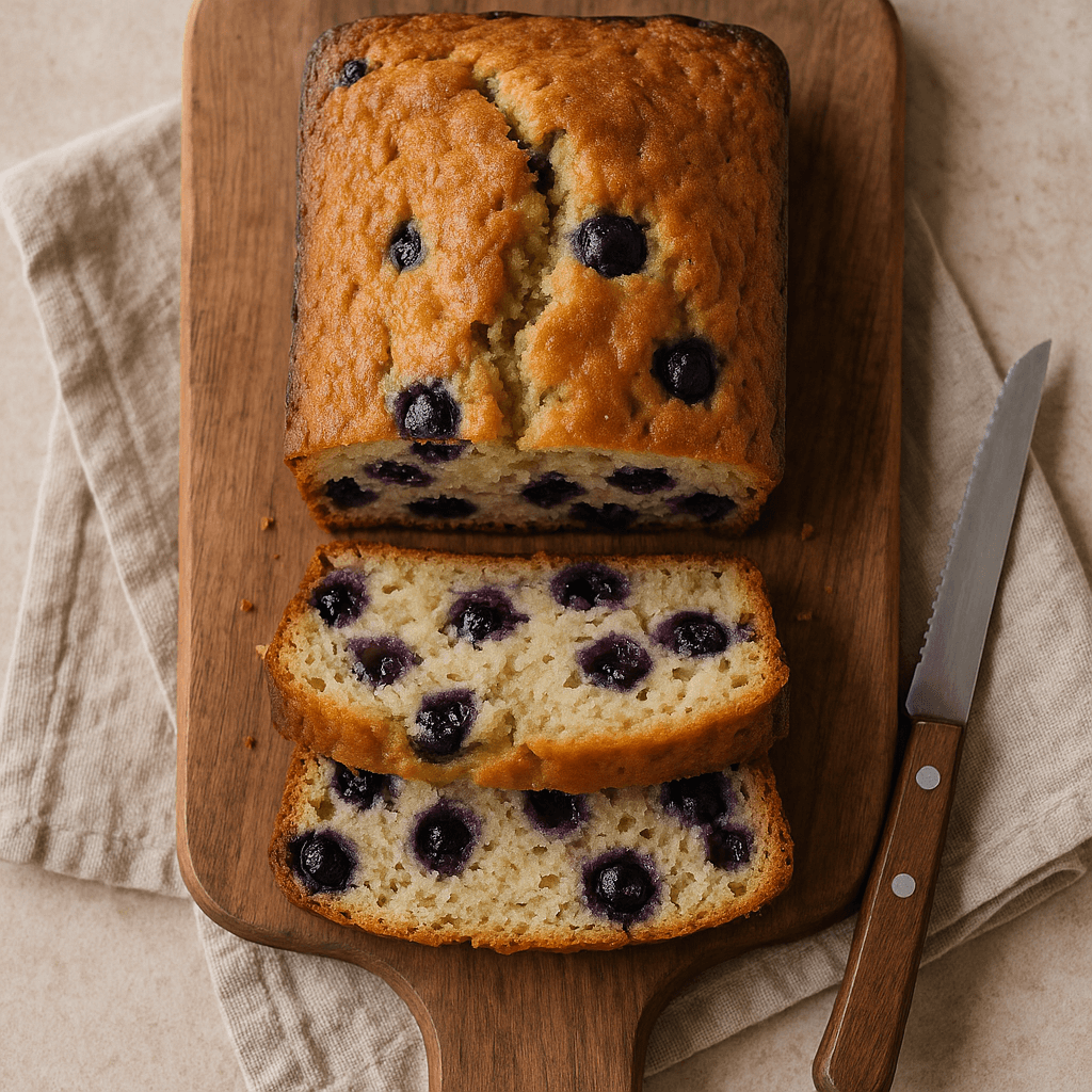 A sliced loaf of blueberry quick bread on a rustic wooden surface, showcasing whole blueberries and a light, fluffy texture.