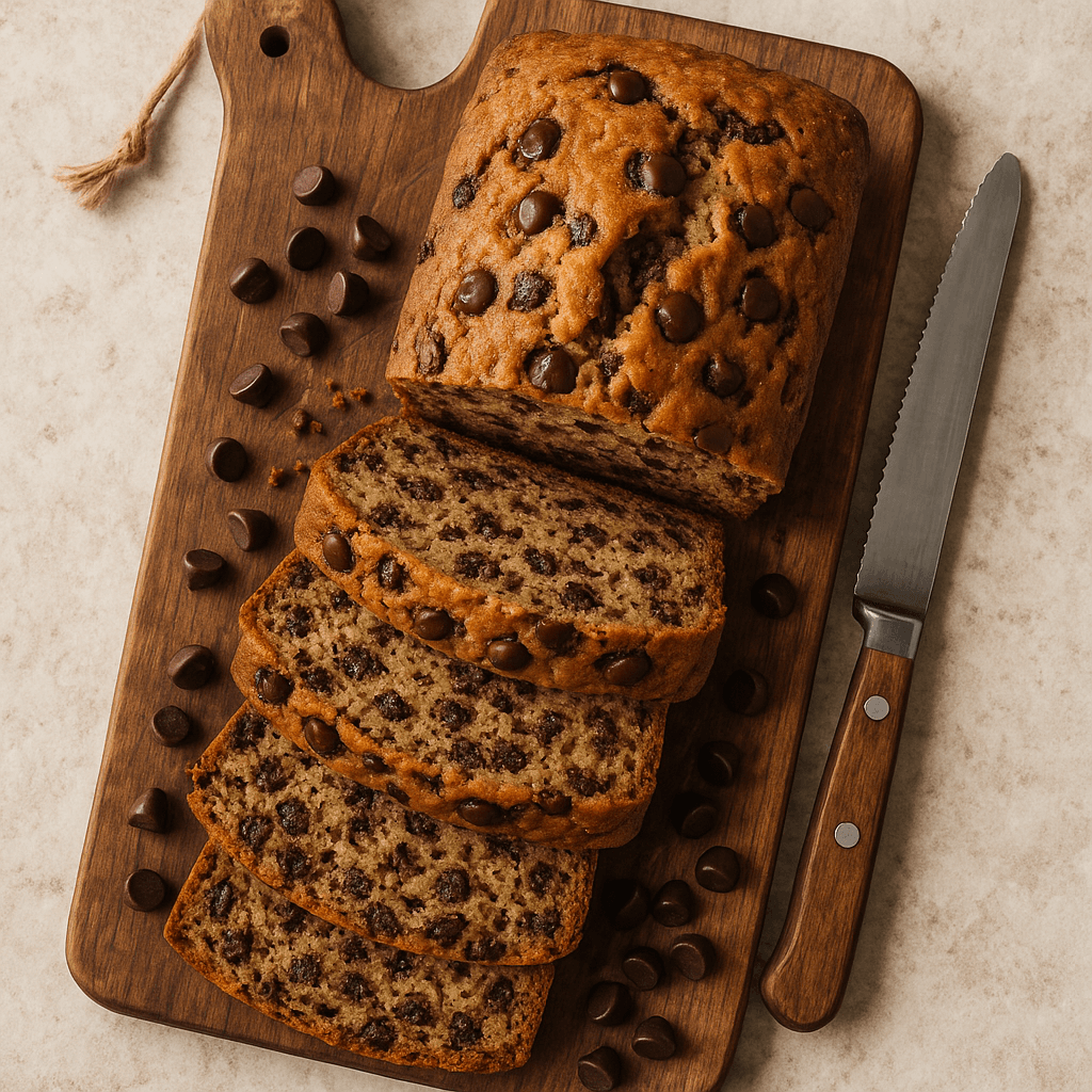 A sliced loaf of banana quick bread, speckled with semisweet chocolate chips, resting on a rustic wooden surface.