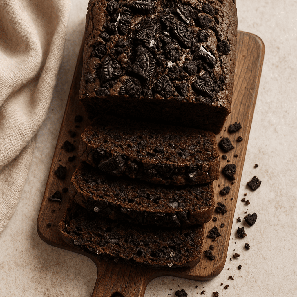 A sliced loaf of rich, dark chocolate bread with visible crushed Oreo pieces throughout on a rustic wooden surface.
