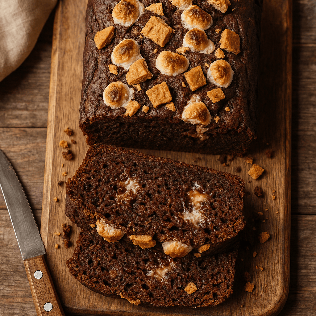 A sliced loaf of Chocolate S'mores Banana Bread with dark cocoa, visible marshmallow swirls, and bits of graham cracker on a wooden surface.