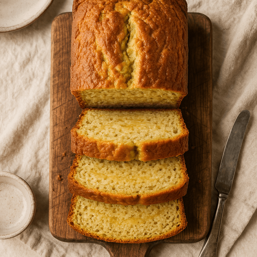 A sliced loaf of banana bread with a tender crumb, featuring a golden-brown crust and visible chunks of ripe banana.