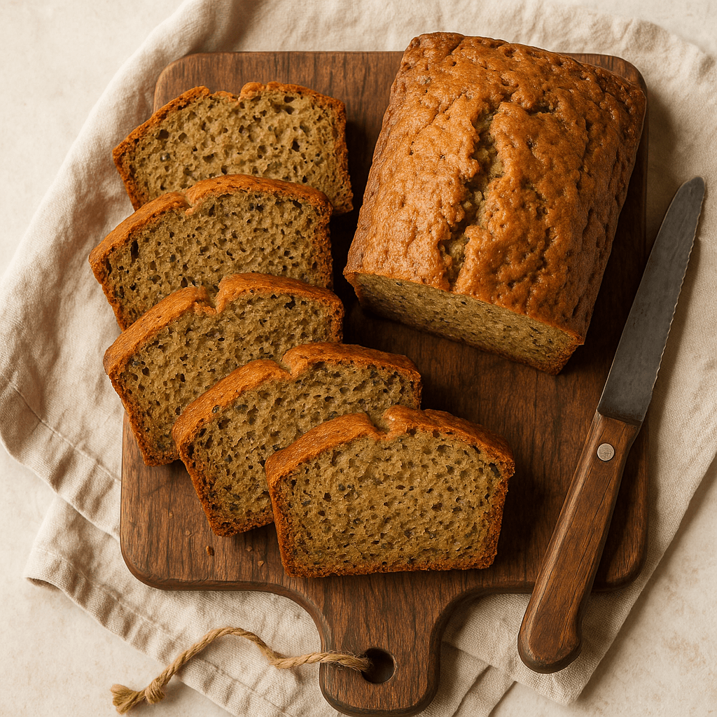 A sliced zucchini bread loaf with a moist texture, featuring a golden-brown crust and flecks of green from the shredded zucchini.