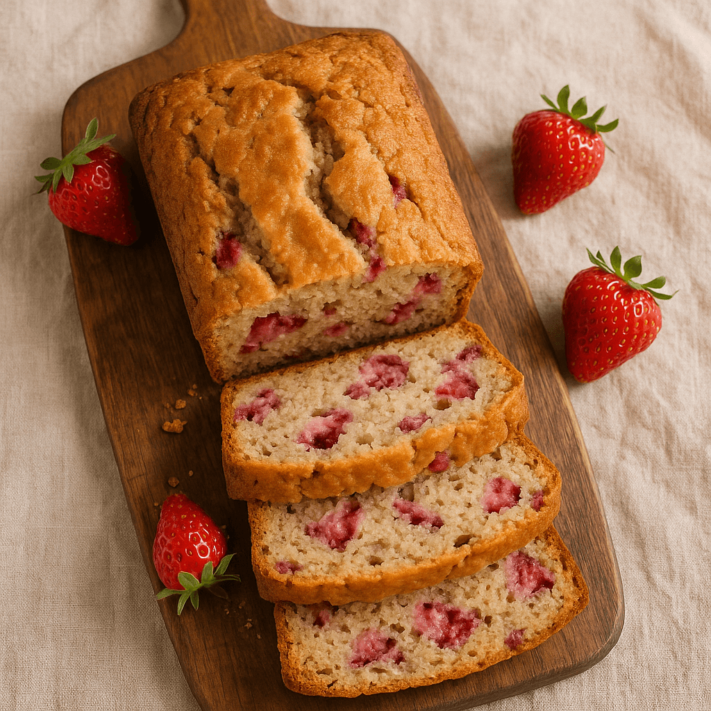 A sliced quick-bread loaf with pinkish-red strawberry pockets and a golden-brown crust, resting on a rustic wooden surface.