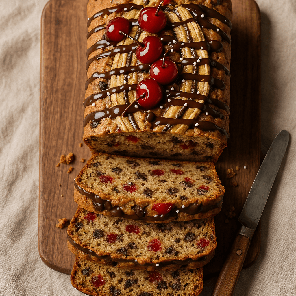A sliced loaf of banana bread with chocolate drizzle and bright red cherries on a rustic wooden surface.