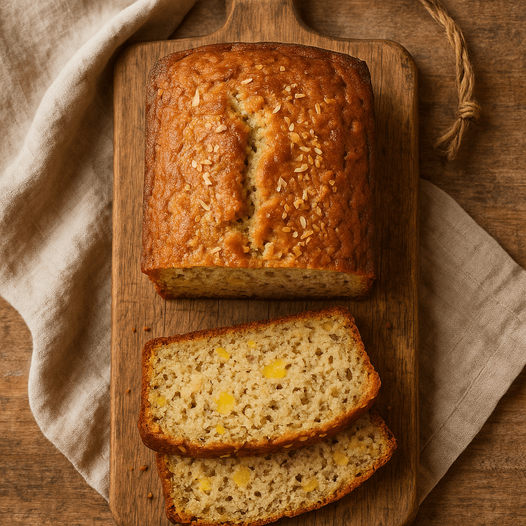 A sliced loaf of Hawaiian Banana Bread with a golden-brown crust, moist texture, and visible bits of pineapple and coconut.