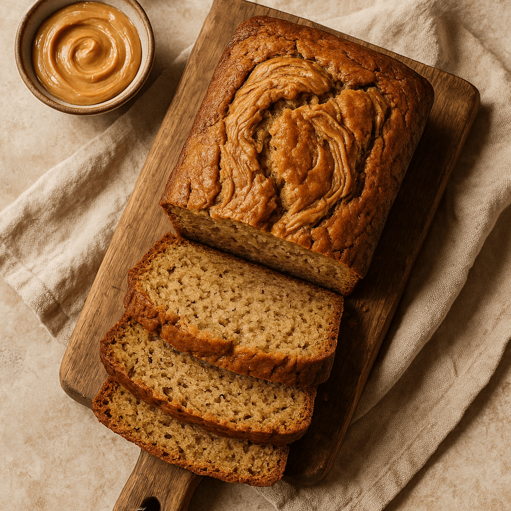 A sliced quick-bread loaf with a golden-brown crust, showing a moist, speckled interior with creamy peanut butter swirls.