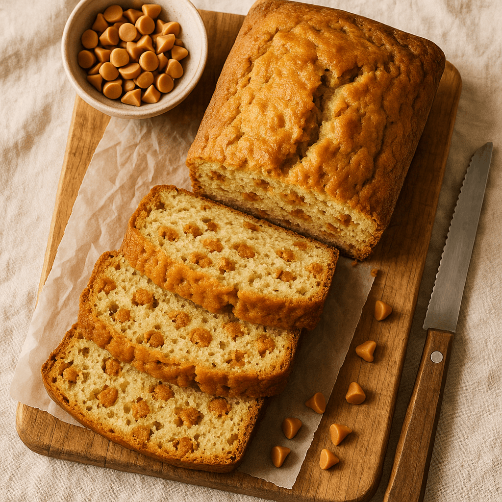 A sliced loaf of golden-brown quick bread with visible butterscotch chips melting into the batter on a rustic wooden surface.