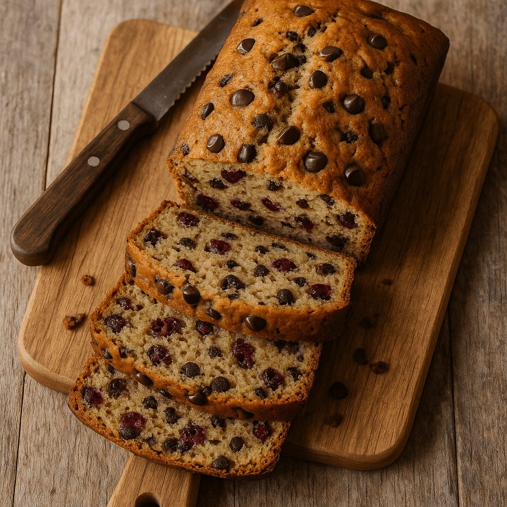 A sliced loaf of banana bread with visible chunks of cherries and chocolate chips on a rustic wooden surface.