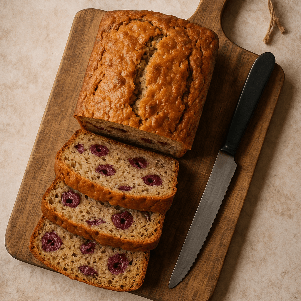 A sliced loaf of Cherry Banana Bread with a soft, fragrant crumb and visible tart cherries throughout, resting on a rustic wooden surface.
