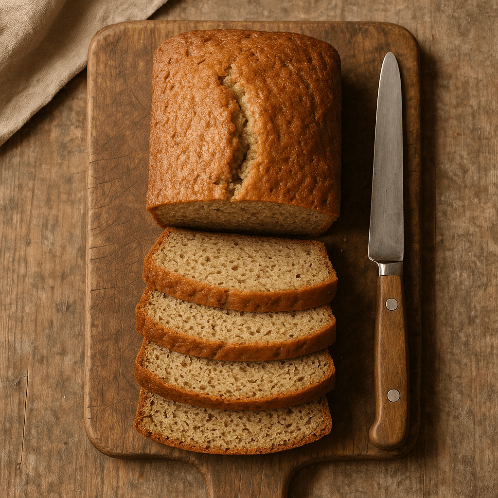 A sliced banana quick-bread loaf with a golden-brown crust and a soft, moist interior on a rustic wooden surface.