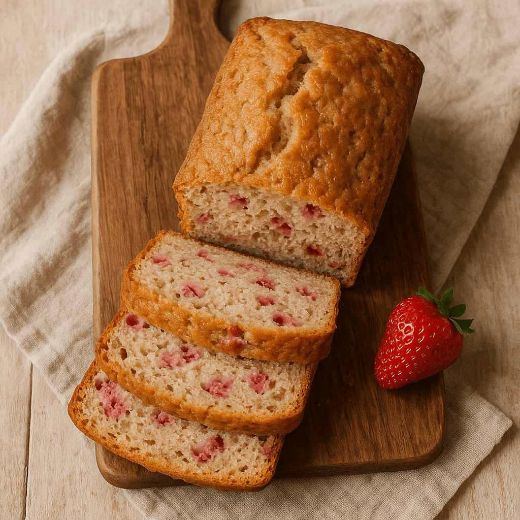A sliced loaf of Strawberry bread with a soft, light pink crumb and visible pieces of ripe strawberries on a rustic wooden surface.