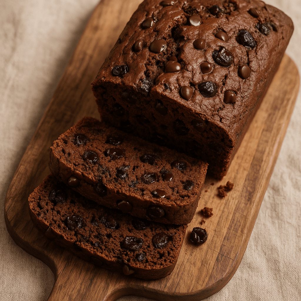 A sliced loaf of rich chocolate bread, studded with tart cherry pieces and chocolate chips, rests on a rustic wooden surface.