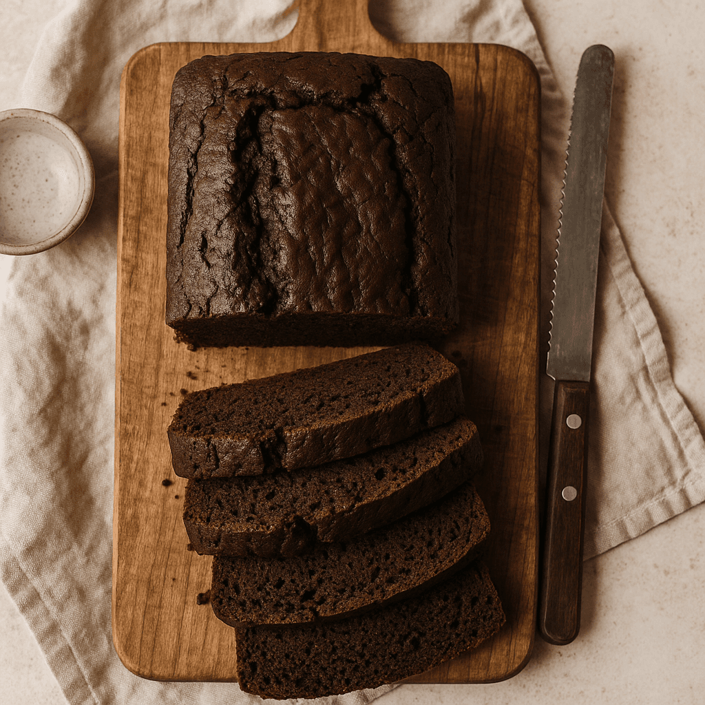 A sliced loaf of dark chocolate quick bread with a rich texture, showcasing deep cocoa color and a moist crumb.