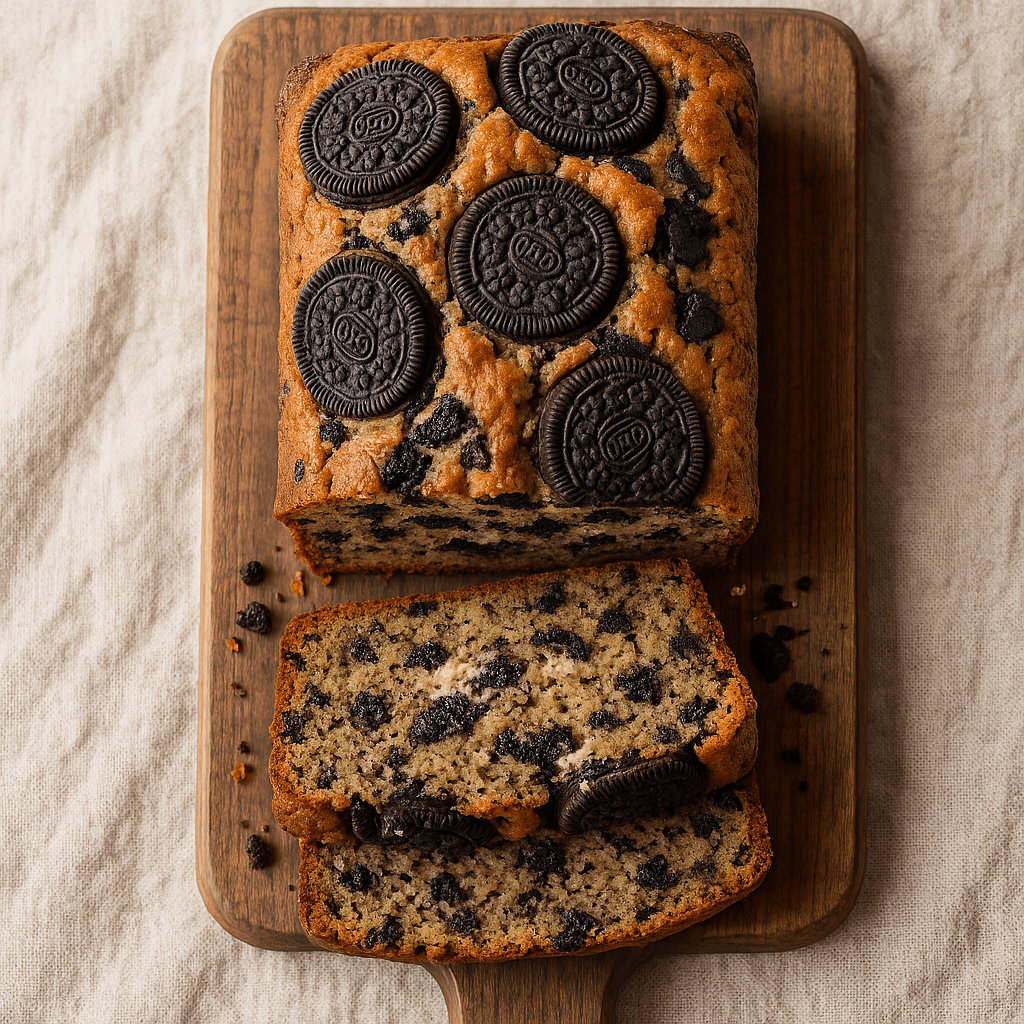 A sliced loaf of Oreo Banana Bread with dark cookie pieces and a soft, moist crumb, topped with melted cream filling.