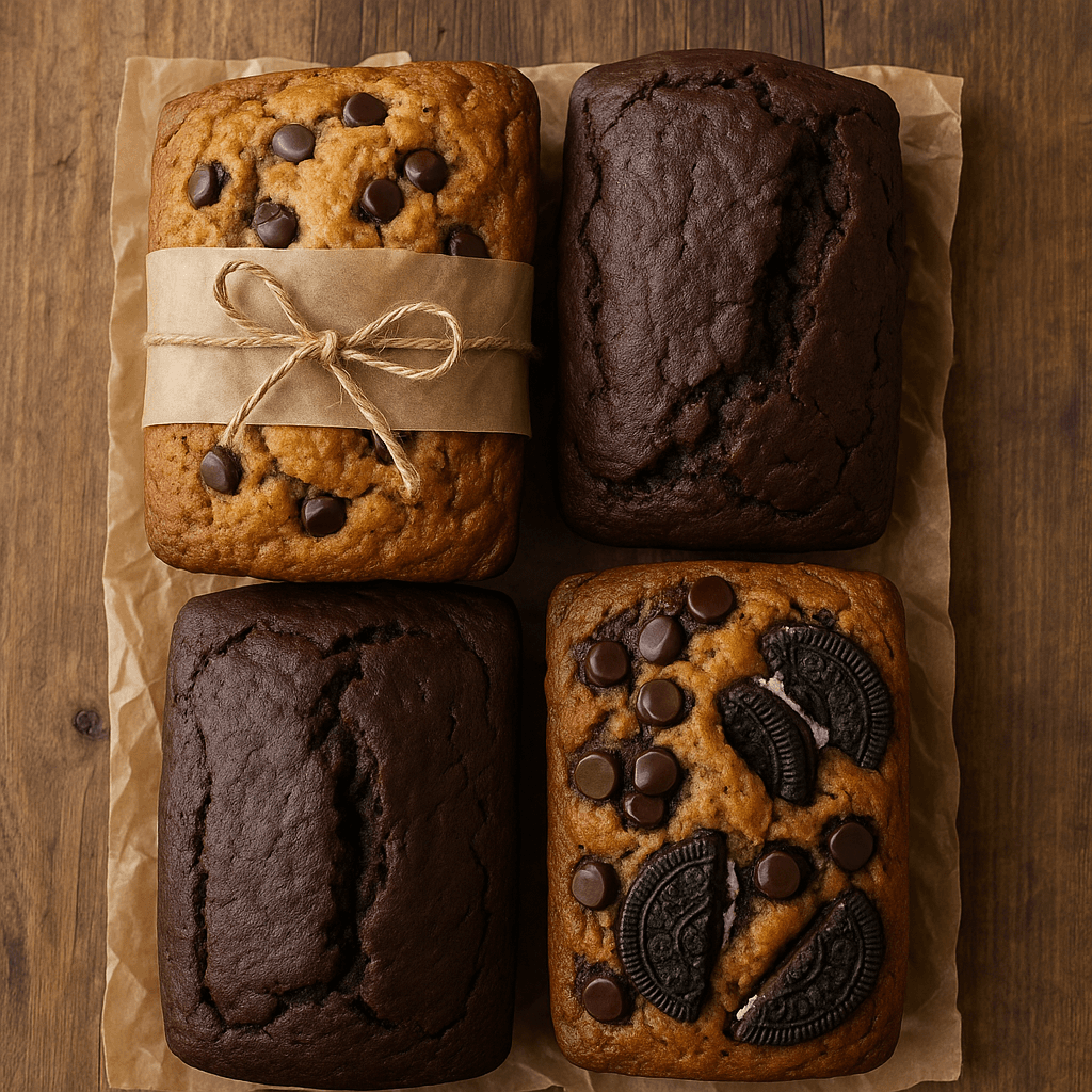 A sliced loaf of rich chocolate banana bread with visible chocolate chips and Oreo pieces on a rustic wooden surface.